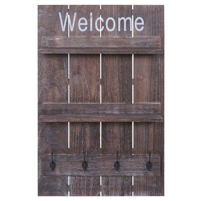 Wandgarderobe HWC-C89 Welcome, Garderobenpaneel Garderobe, Shabby-Look Vintage, 4 Haken 90x60cm ~ braun, shabby