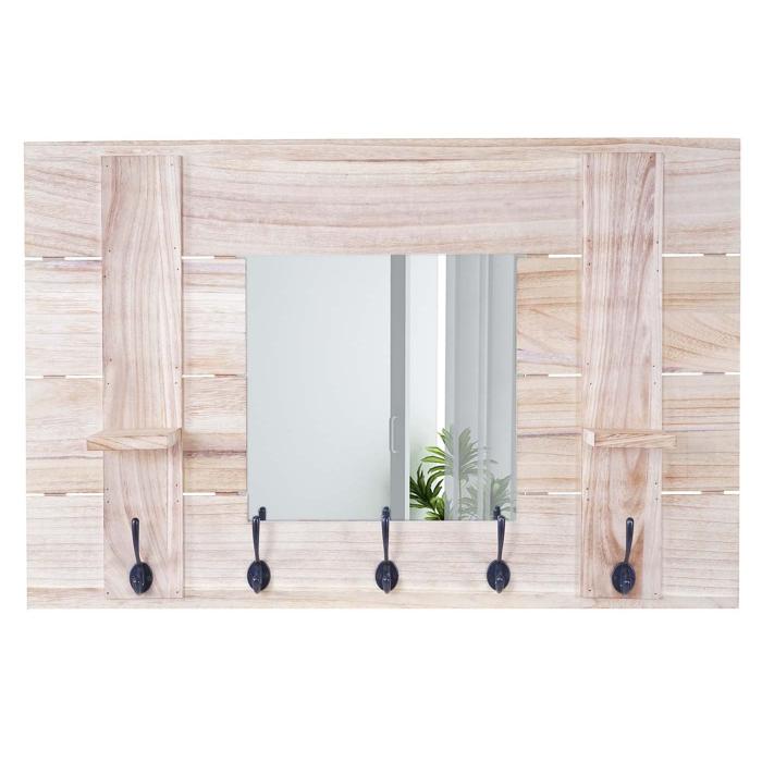 Wandgarderobe HWC-C89 mit Spiegel, Garderobenpaneel Garderobe, Shabby-Look Vintage, 5 Haken 90x60cm ~ naturbraun