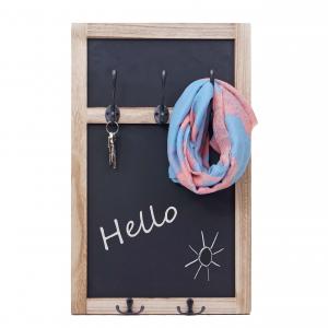 Wandgarderobe HWC-C51, Garderobe Kreidetafel Wandtafel, 5 Haken 55x34cm ~ naturbraun