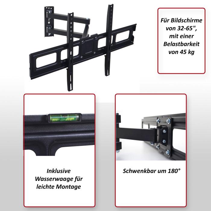 TV-Wandhalterung HWC-C94, Monitor-Halter, kaltgewalzt neigbar schwenkbar ausziehbar 32-65 Zoll Vesa bis 600mm