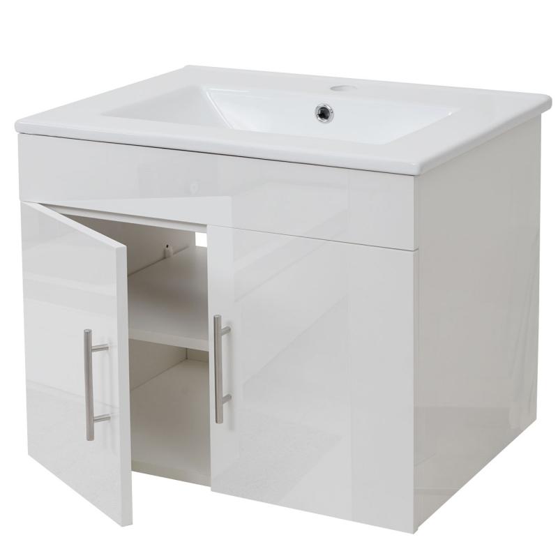 Waschbecken + Unterschrank HWC-D16, Waschbecken Waschtisch, FSC-zertifiziert, hochglanz 60cm ~ wei