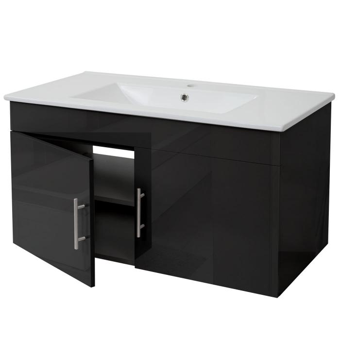 Waschbeckenunterschrank HWC-D16, Waschtischunterschrank Waschtisch Unterschrank Badmbel, FSC hochglanz 90cm ~ schwarz