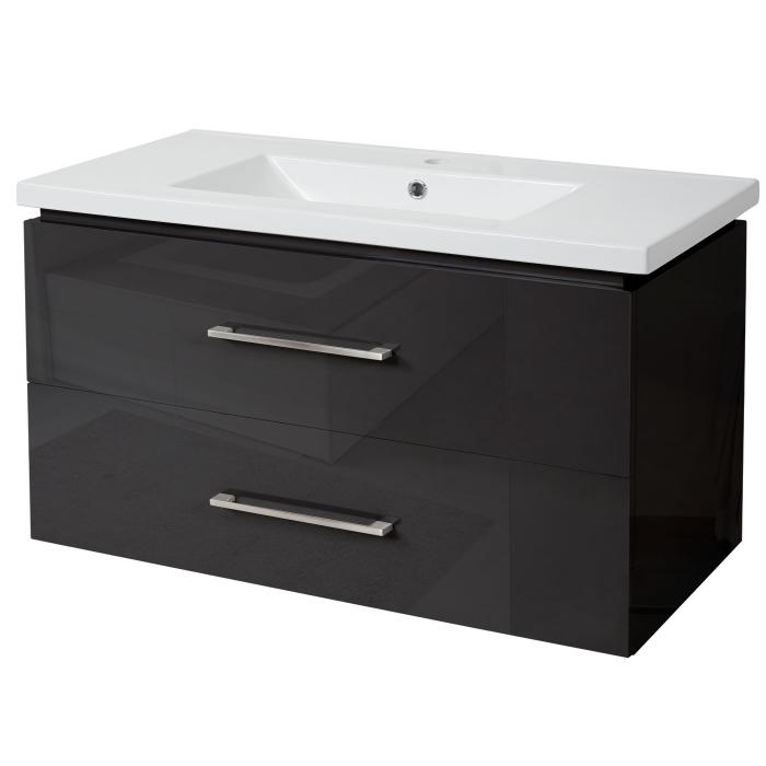 Premium Waschbecken + Unterschrank HWC-D16, Waschbecken Waschtisch, hochglanz 90cm ~ schwarz