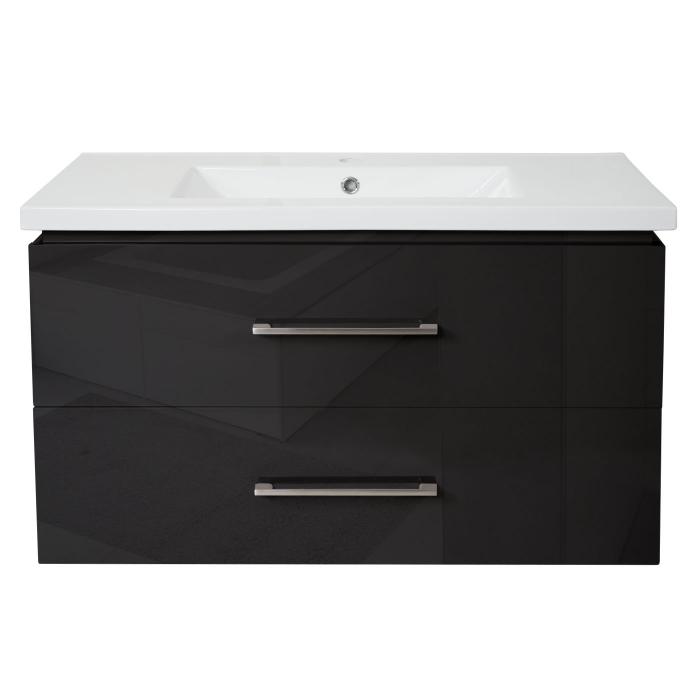 Premium Waschbecken + Unterschrank HWC-D16, Waschbecken Waschtisch, hochglanz 90cm ~ schwarz