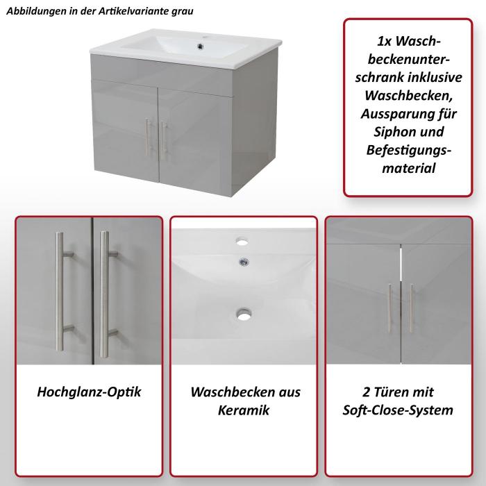 Waschbecken + Unterschrank HWC-D16, Waschbecken Waschtisch, MVG-zertifiziert, hochglanz 60cm ~ wei