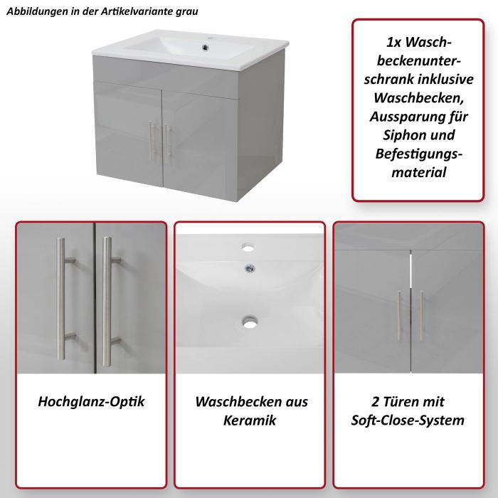 Waschbecken + Unterschrank HWC-D16, Waschbecken Waschtisch, MVG-zertifiziert, hochglanz 60cm ~ grau