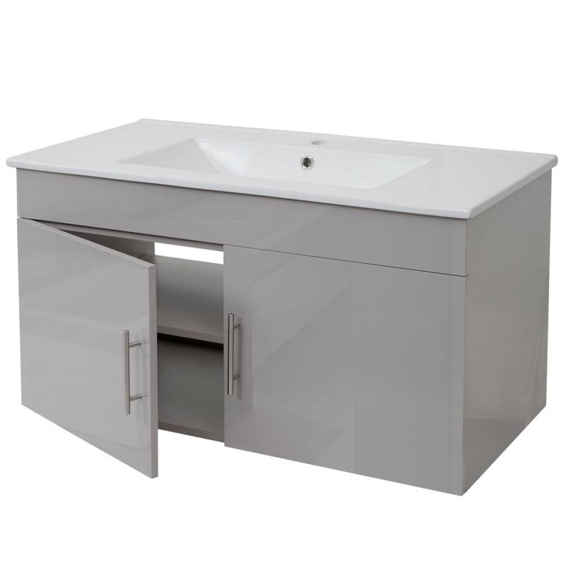 Waschbecken + Unterschrank HWC-D16, Waschbecken Waschtisch, hochglanz 90cm ~ grau