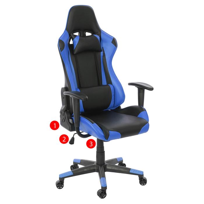 Brostuhl HWC-D25, Schreibtischstuhl Gamingstuhl Chefsessel Brosessel, 150kg belastbar Kunstleder ~ schwarz/blau