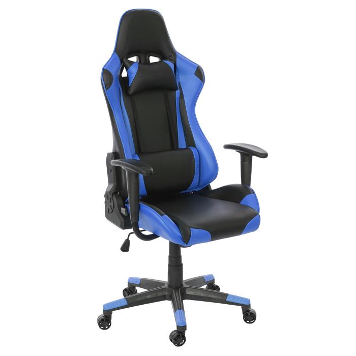 Brostuhl HWC-D25, Schreibtischstuhl Gamingstuhl Chefsessel Brosessel, 150kg belastbar Kunstleder ~ schwarz/blau