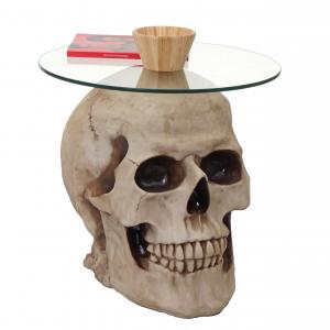 Beistelltisch Totenkopf HWC-A19, Glastisch Wohnzimmertisch Couchtisch Totenschdel, Polyresin rund 55cm natur