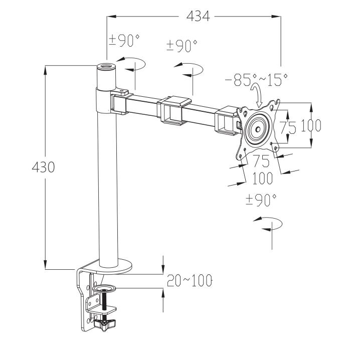 Monitorhalter HWC-D38, VESA bis 75x75/100x100mm schwenkbar neigbar drehbar bis 9kg ~ einarmig