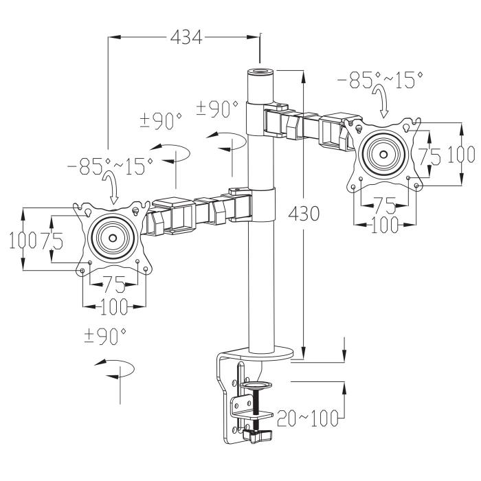 Monitorhalter HWC-D38, VESA bis 75x75/100x100mm schwenkbar neigbar drehbar bis 9kg ~ zweiarmig