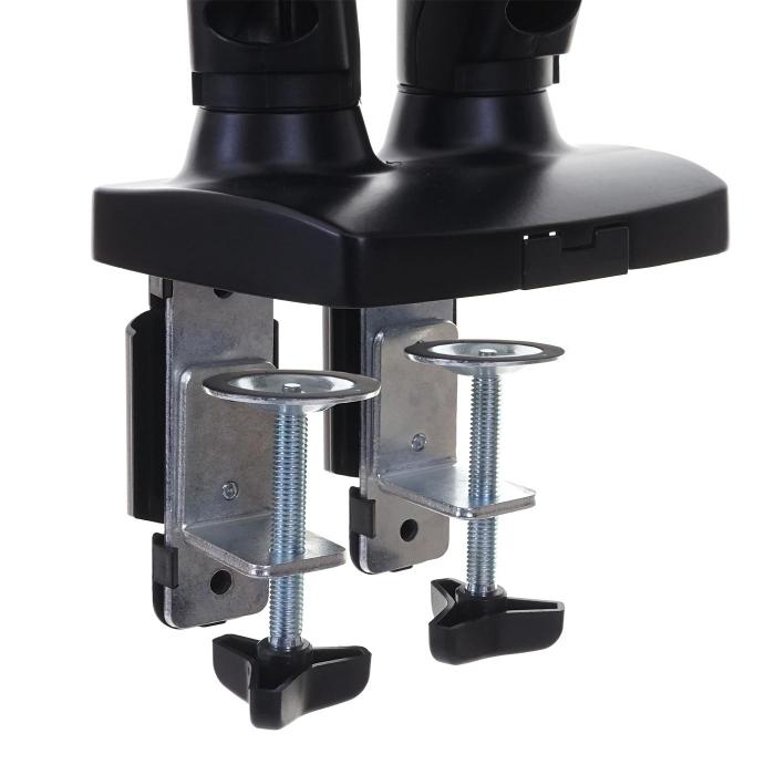 Monitorhalter HWC-D39, VESA bis 75x75/100x100mm Bohrungsmontage schwenkbar neigbar drehbar bis 9kg je Arm ~ zweiarmig