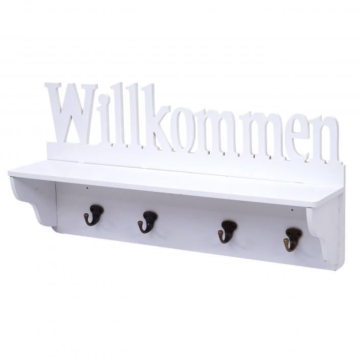Wandgarderobe HWC-D41 Willkommen, Garderobe Regal, 4 Haken massiv 30x60x13cm ~ wei