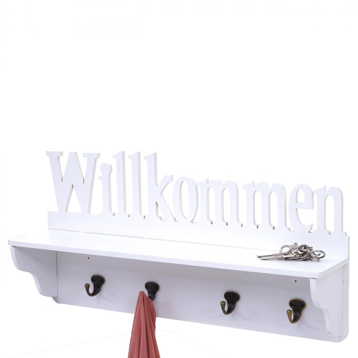 Wandgarderobe HWC-D41 Willkommen, Garderobe Regal, 4 Haken massiv 30x60x13cm ~ wei