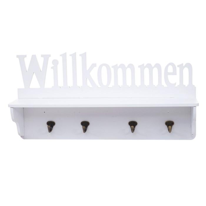 Wandgarderobe HWC-D41 Willkommen, Garderobe Regal, 4 Haken massiv 30x60x13cm ~ wei