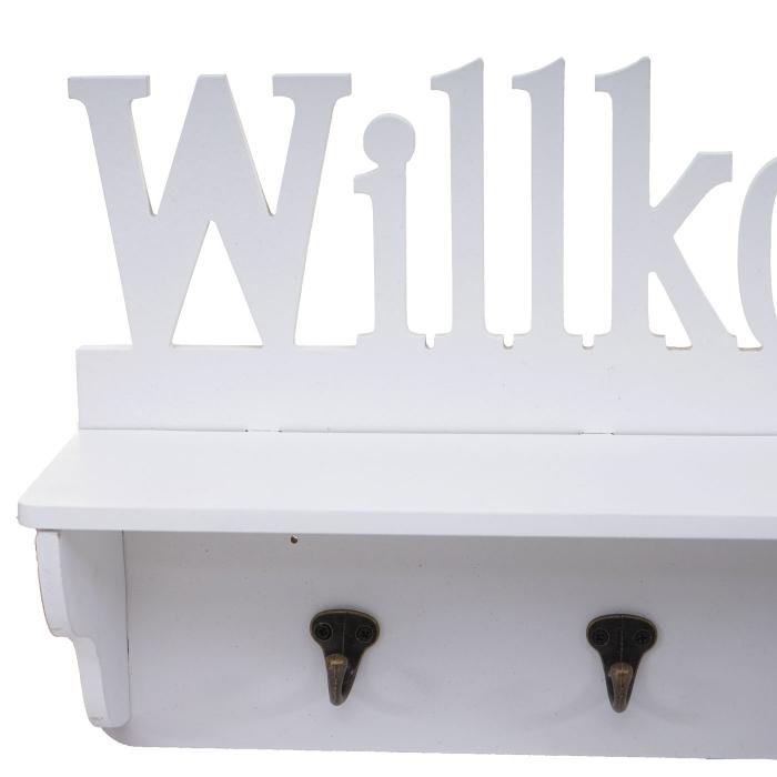 Wandgarderobe HWC-D41 Willkommen, Garderobe Regal, 4 Haken massiv 30x60x13cm ~ wei