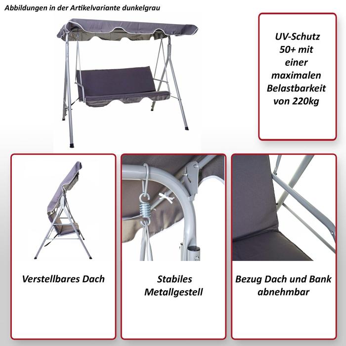 Hollywoodschaukel HWC-D61, Gartenschaukel Hngeschaukel Bank, 3-Sitzer UV 50+ verstellbares Dach 197x185cm ~ dunkelgrau