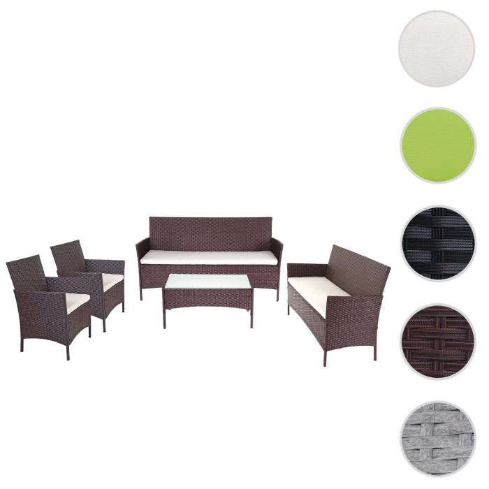 3-2-1-1 Poly-Rattan Garten-Garnitur Halden, Lounge-Set Sitzgruppe Sofa ~ braun-meliert, Kissen creme