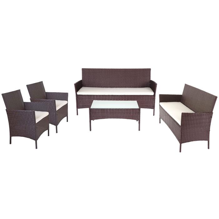 3-2-1-1 Poly-Rattan Garten-Garnitur Halden, Lounge-Set Sitzgruppe Sofa ~ braun-meliert, Kissen creme