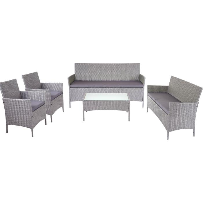 3-2-1-1 Poly-Rattan Garten-Garnitur Halden, Lounge-Set Sitzgruppe Sofa ~ grau, Kissen anthrazit