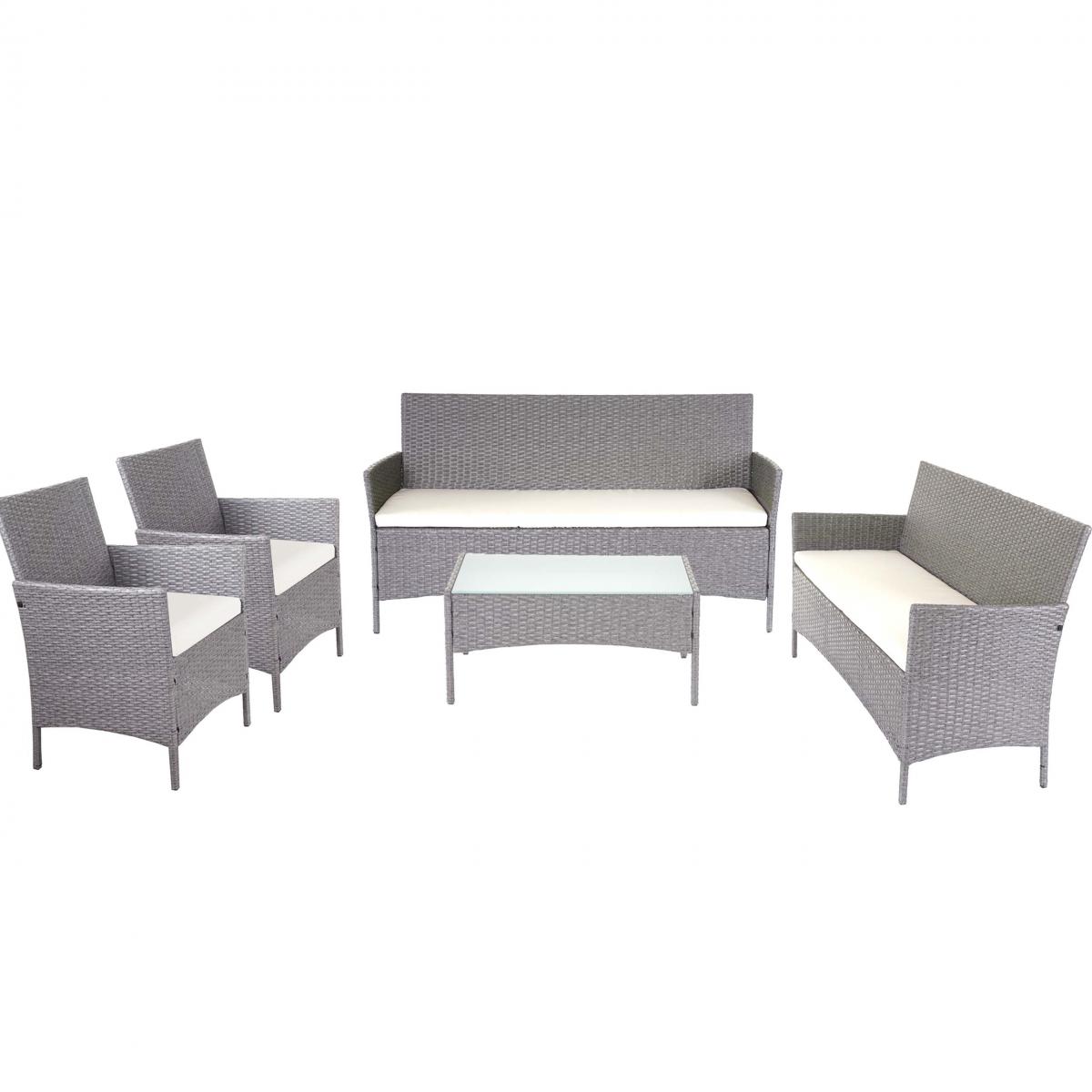 3-2-1-1 Poly-Rattan Garten-Garnitur Halden, Lounge-Set Sitzgruppe Sofa ~ grau, Kissen creme
