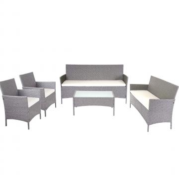 3-2-1-1 Poly-Rattan Garten-Garnitur Halden, Lounge-Set Sitzgruppe Sofa ~ grau, Kissen creme