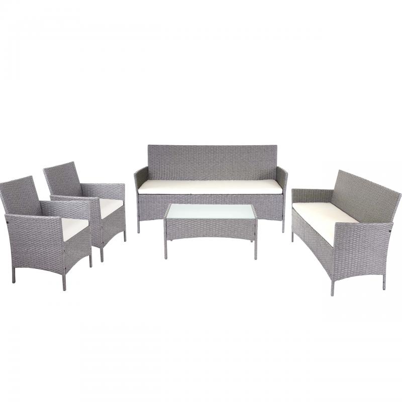 3-2-1-1 Poly-Rattan Garten-Garnitur Halden, Lounge-Set Sitzgruppe Sofa ~ grau, Kissen creme