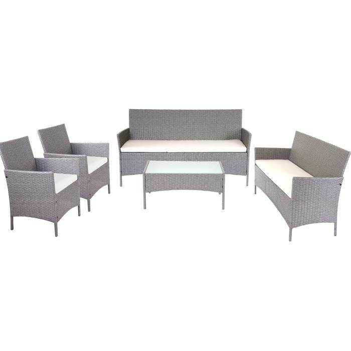 3-2-1-1 Poly-Rattan Garten-Garnitur Halden, Lounge-Set Sitzgruppe Sofa ~ grau, Kissen creme