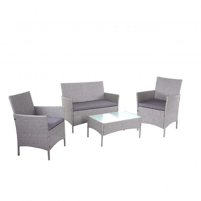 2-1-1 Poly-Rattan Garten-Garnitur Halden, Sitzgruppe Lounge-Set Sofa ~ grau, Kissen anthrazit