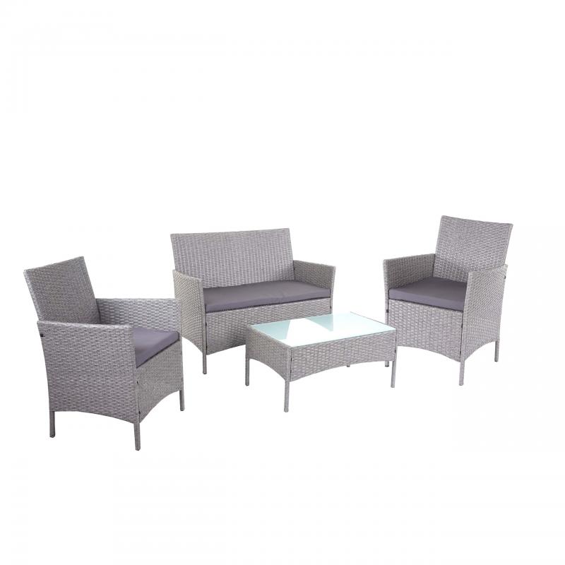 2-1-1 Poly-Rattan Garten-Garnitur Halden, Sitzgruppe Lounge-Set Sofa ~ grau, Kissen anthrazit