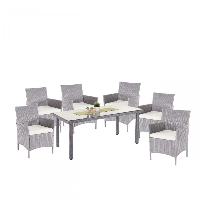 Poly-Rattan-Garnitur Halden, Gartenmbel Balkon-Set Sitzgarnitur ~ grau, Kissen creme