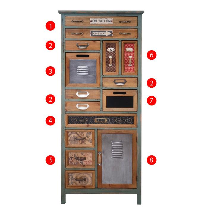 B-Ware (Korpus gebrochen SK2) |Apotheker-Schrank HWC-A43, Kommode, Tanne Holz massiv Vintage Shabby-Look