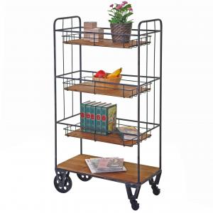 Rollwagen HWC-D78, Regal Rollregal Bcherregal Metallregal mit Hngekrben, 4 Ebenen Tanne Holz Vintage 120x67x32cm