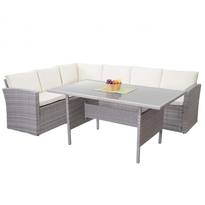 Retourenware | Poly-Rattan-Garnitur HWC-A29, Gartengarnitur Sitzgruppe Lounge-Esstisch-Set Sofa ~ hellgrau, Kissen creme