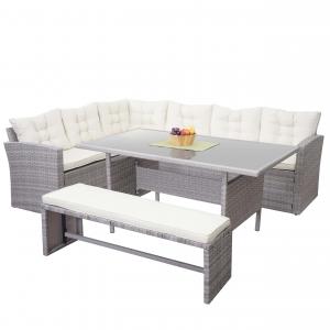 Retourenware | Poly-Rattan-Garnitur HWC-A29, Gartengarnitur Lounge-Esstisch-Set ~ hellgrau, Kissen creme + Bank