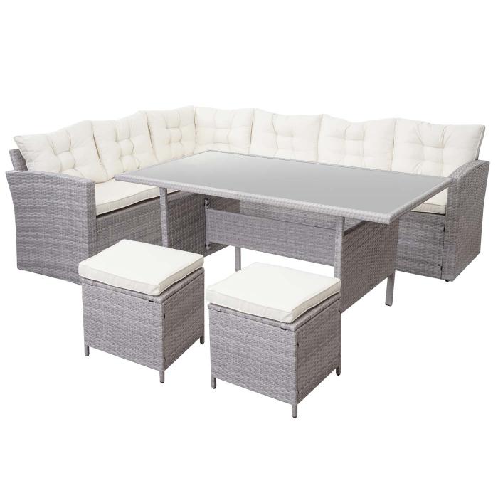 Poly-Rattan-Garnitur HWC-A29, Gartengarnitur Sitzgruppe Lounge-Esstisch-Set Sofa ~ hellgrau, Kissen creme + 2x Hocker