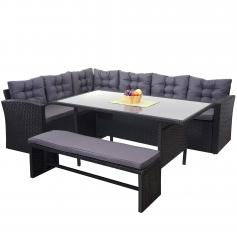 Poly-Rattan-Garnitur HWC-A29, Gartengarnitur Sitzgruppe Lounge-Esstisch-Set, schwarz ~ Kissen dunkelgrau, mit Bank