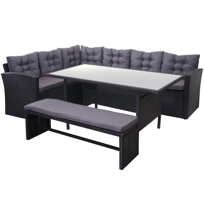 Poly-Rattan-Garnitur HWC-A29, Gartengarnitur Sitzgruppe Lounge-Esstisch-Set, schwarz ~ Kissen dunkelgrau, mit Bank