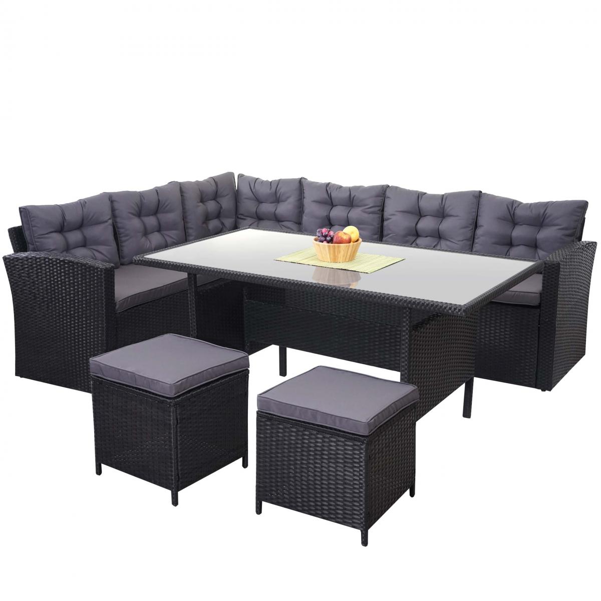 Poly-Rattan-Garnitur HWC-A29, Gartengarnitur Sitzgruppe Lounge-Esstisch-Set, schwarz ~ Kissen dunkelgrau, mit 2x Hocker