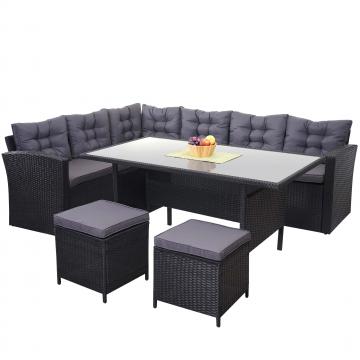 Poly-Rattan-Garnitur HWC-A29, Gartengarnitur Sitzgruppe Lounge-Esstisch-Set, schwarz ~ Kissen dunkelgrau, mit 2x Hocker