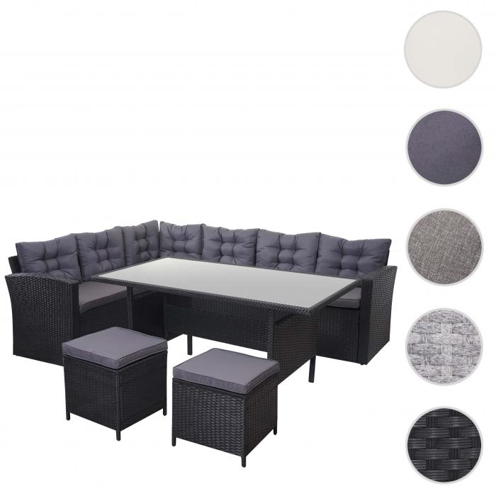 Poly-Rattan-Garnitur HWC-A29, Gartengarnitur Sitzgruppe Lounge-Esstisch-Set, schwarz ~ Kissen dunkelgrau, mit 2x Hocker