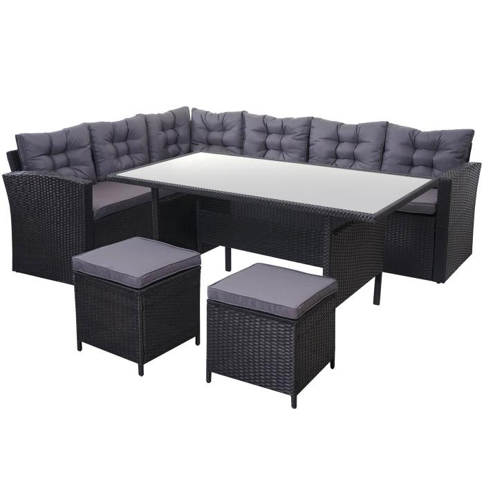 Poly-Rattan-Garnitur HWC-A29, Gartengarnitur Sitzgruppe Lounge-Esstisch-Set, schwarz ~ Kissen dunkelgrau, mit 2x Hocker