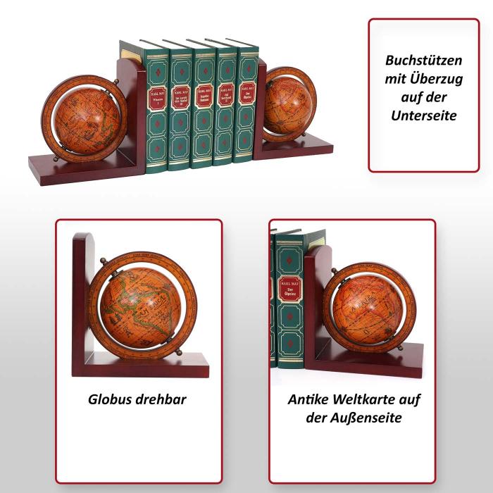 2er-Set Buchsttzen HWC-B79, Bchersttze Globus Weltkugel, MVG-zertifiziert braun