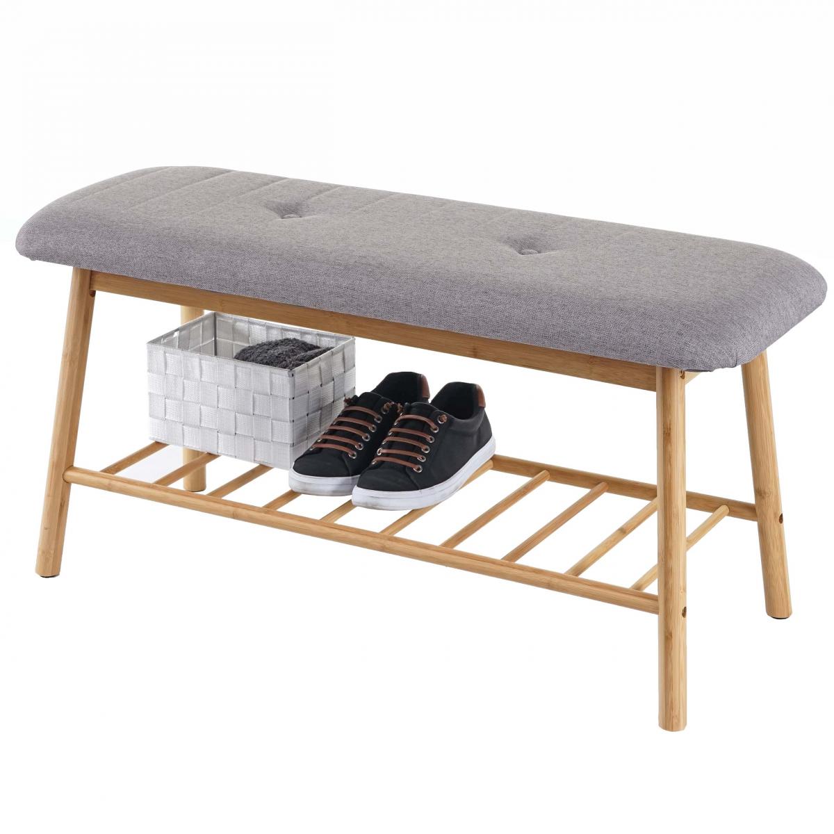 Sitzbank Schuhregal HWC-D90, Polsterbank Bank Schuhablage, Bambus 44x90x34cm