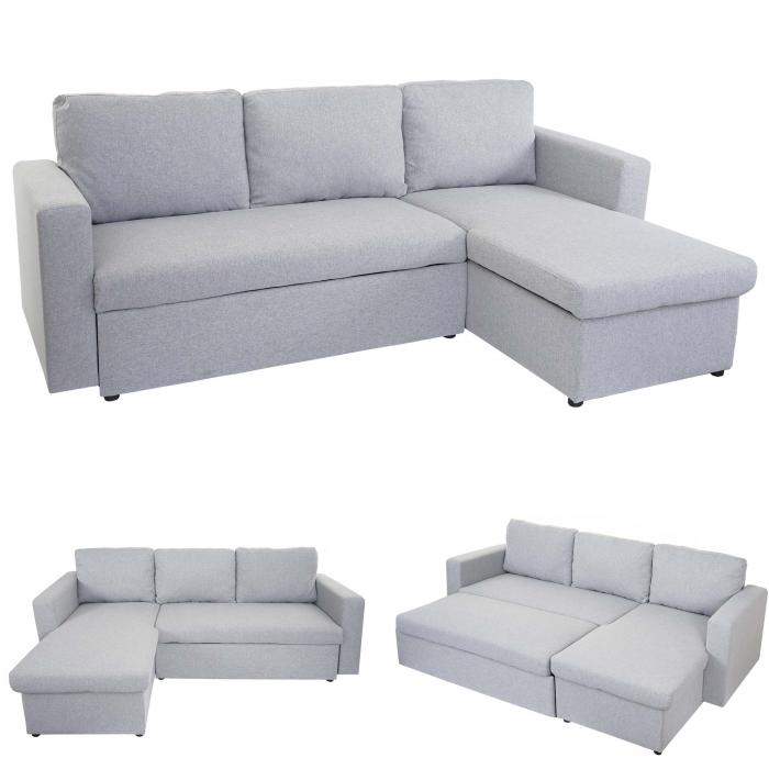 Schlafsofa HWC-D92, Couch Ecksofa Sofa, Schlaffunktion 220x152cm Stoff/Textil ~ hellgrau, ohne Deko-Kissen