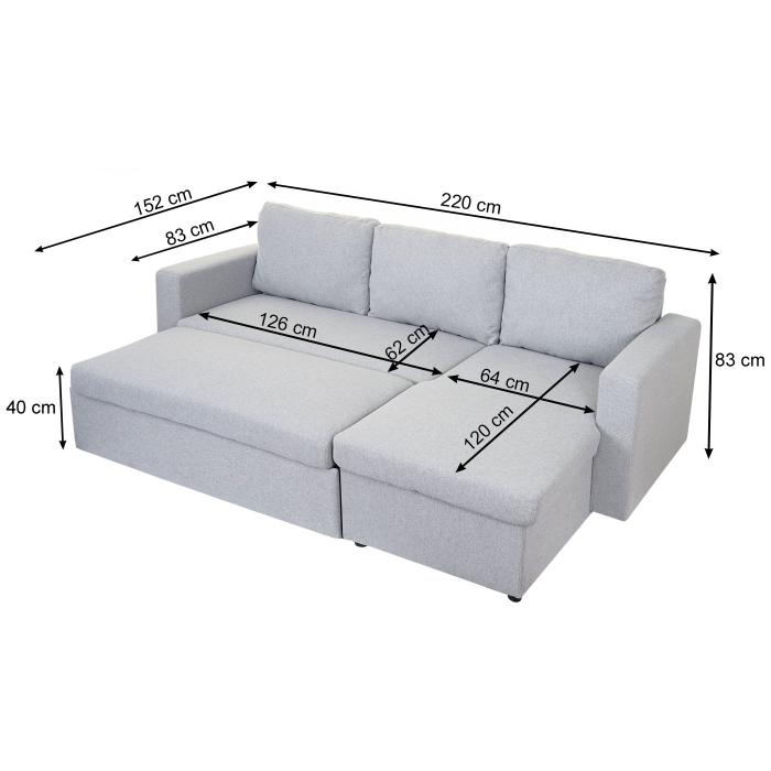 Schlafsofa HWC-D92, Couch Ecksofa Sofa, Schlaffunktion 220x152cm Stoff/Textil ~ hellgrau, ohne Deko-Kissen