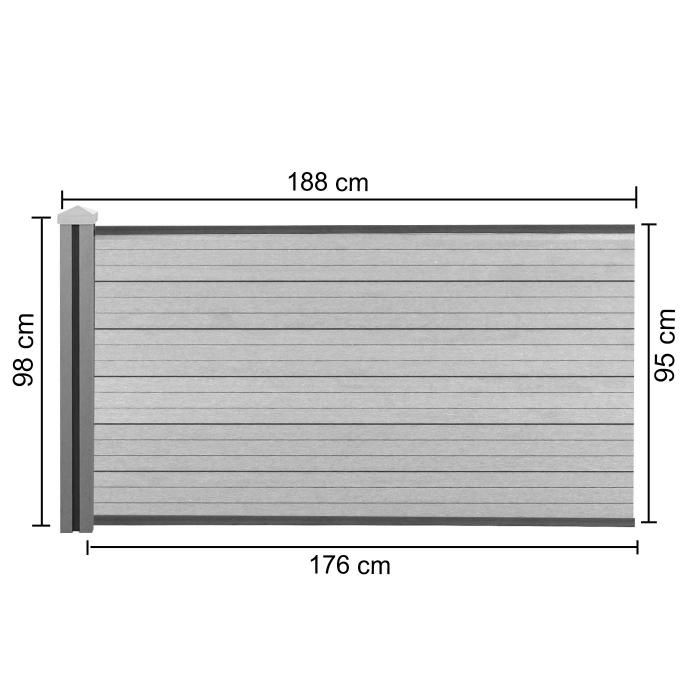 WPC-Sichtschutz Sarthe, Windschutz Zaun, WPC-Pfosten ~ Erweiterungselement niedrig, 1,88m grau