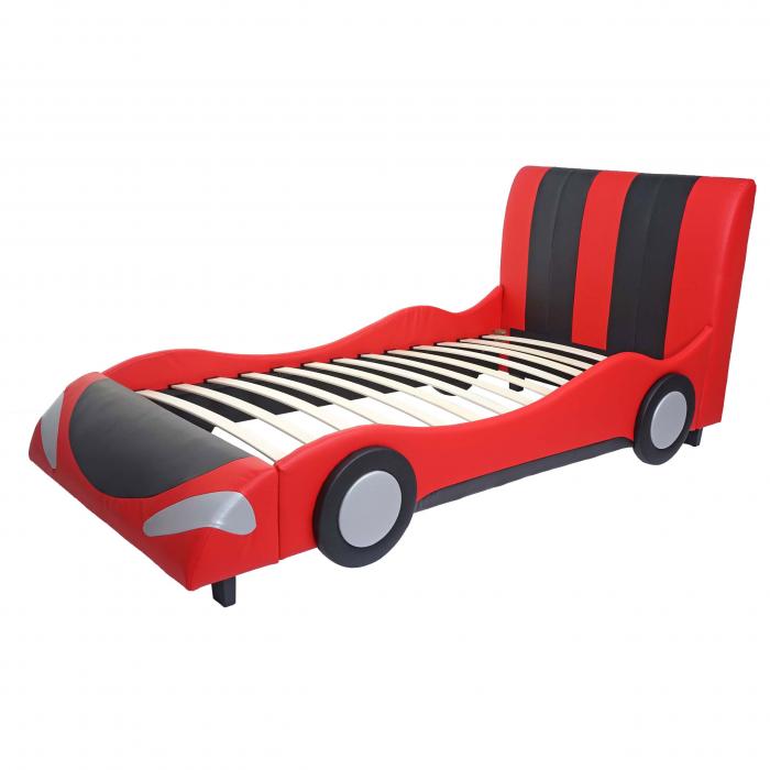 Bett HWC-E14, Auto Junge Kinderbett Jugendbett, Lattenrost Kunstleder Holz 190x100cm ~ schwarz-rot