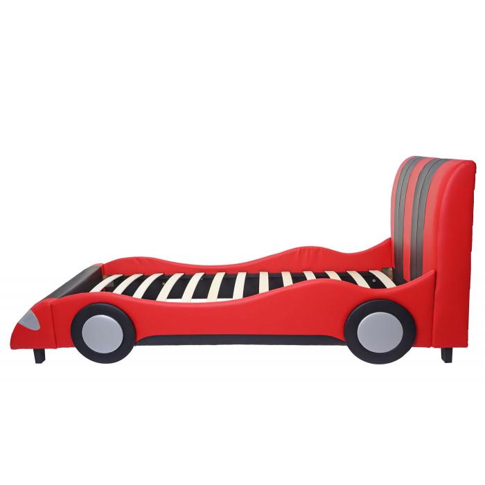 Bett HWC-E14, Auto Junge Kinderbett Jugendbett, Lattenrost Kunstleder Holz 190x100cm ~ schwarz-rot